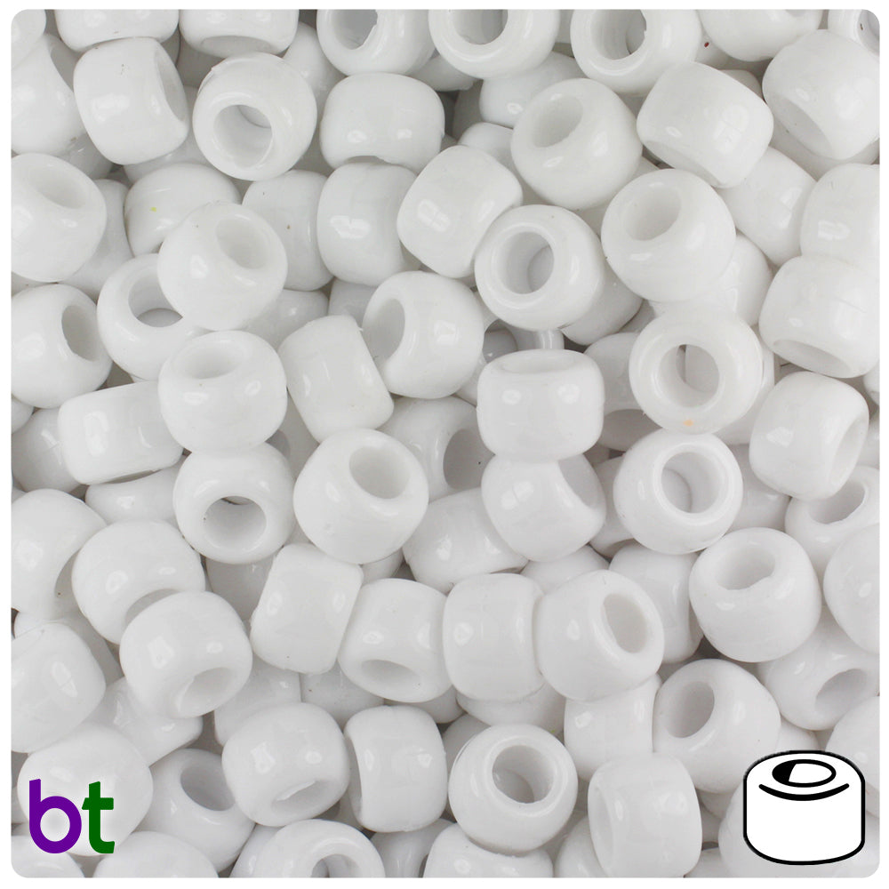 BeadTin White Opaque 9mm Barrel Plastic Pony Beads (500pcs)