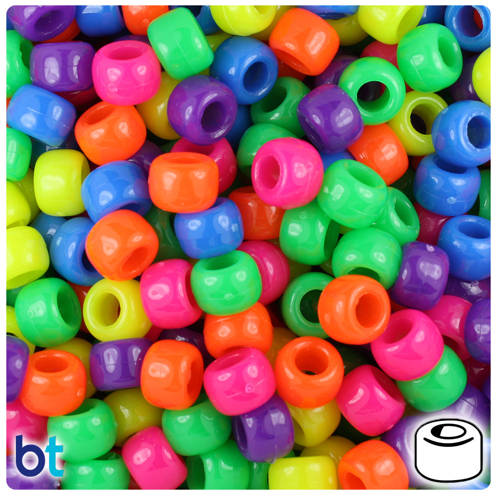 BeadTin Neon Bright Mix 9mm Barrel Plastic Pony Beads (500pcs)