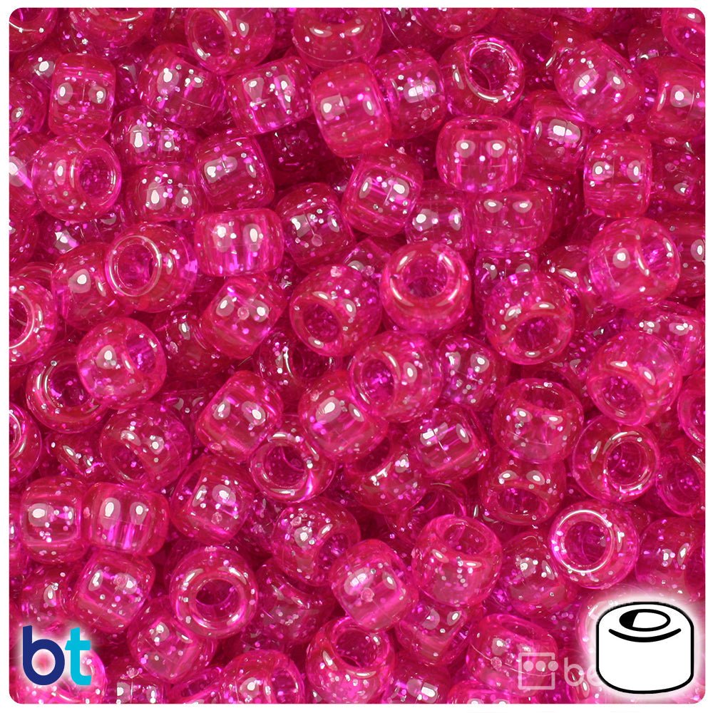BeadTin Bright Pink Sparkle 9mm Barrel Plastic Pony Beads (500pcs)