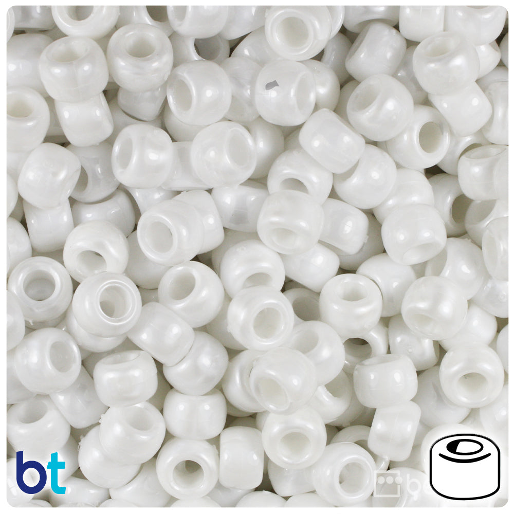BeadTin White Pearl 9mm Barrel Plastic Pony Beads (500pcs)