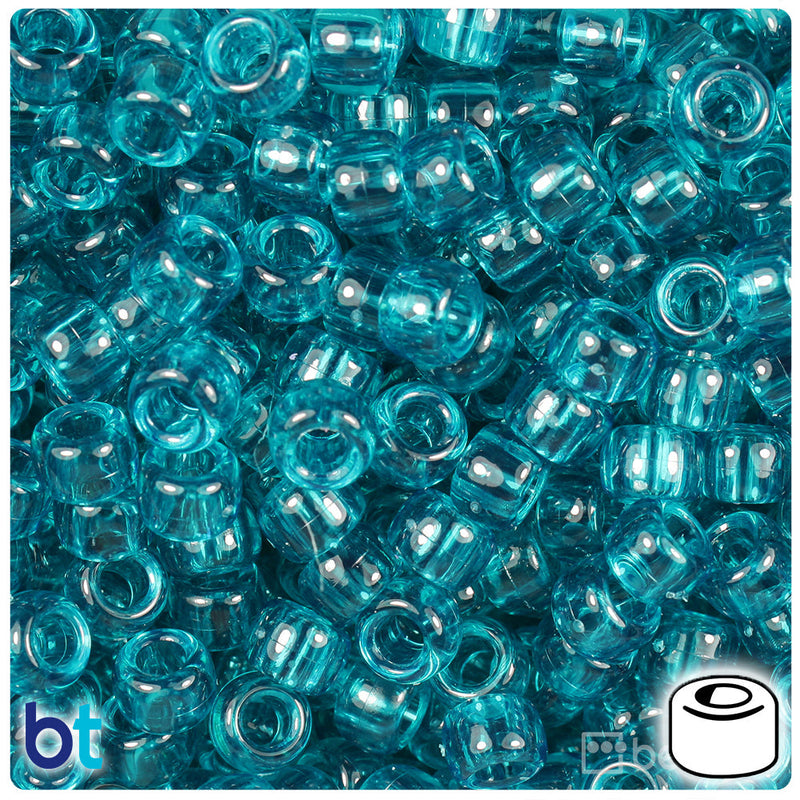 BeadTin Teal Transparent 9mm Barrel Plastic Pony Beads (500pcs)