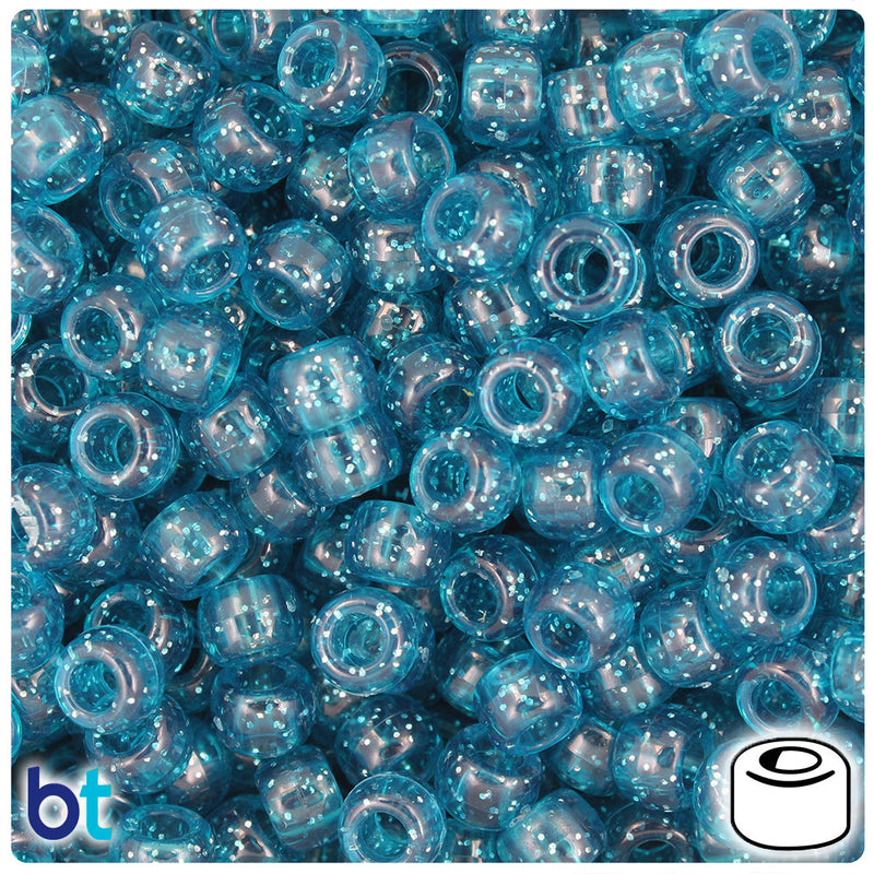 BeadTin Teal Sparkle 9mm Barrel Plastic Pony Beads (500pcs)