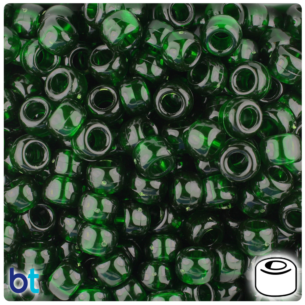 BeadTin True Emerald Transparent 9mm Barrel Plastic Pony Beads (500pcs)