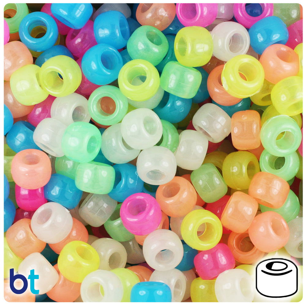 BeadTin Glow Mix 9mm Barrel Plastic Pony Beads (500pcs)