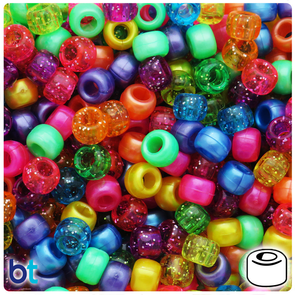 BeadTin Bright Pearl & Sparkle Mix 9mm Barrel Plastic Pony Beads (500pcs)
