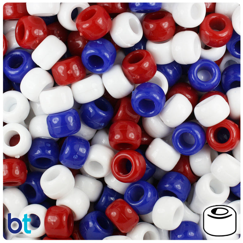 BeadTin Patriotic Mix Opaque 9mm Barrel Plastic Pony Beads (500pcs)