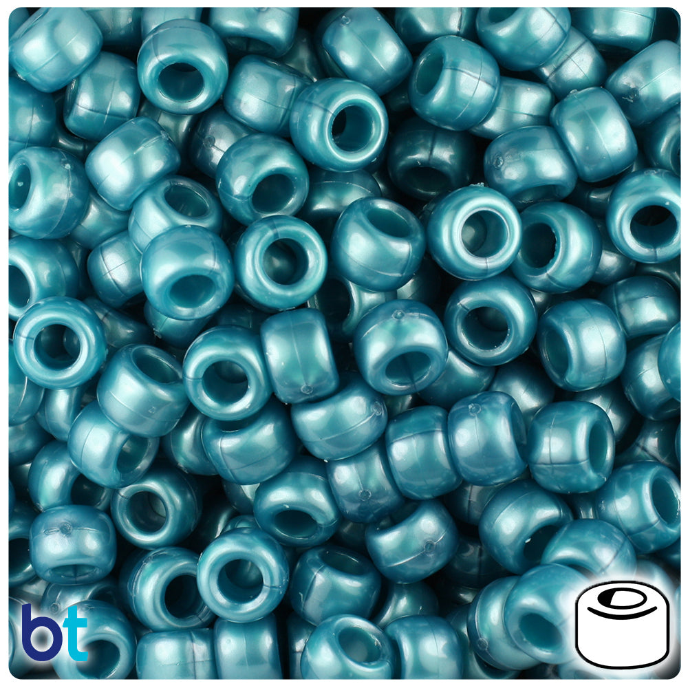 BeadTin Teal Pearl 9mm Barrel Plastic Pony Beads (500pcs)