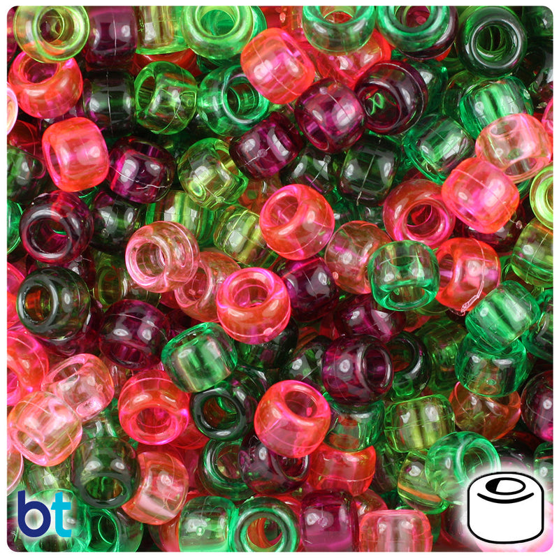 BeadTin Watermelon Mix Transparent 9mm Barrel Plastic Pony Beads (500pcs)