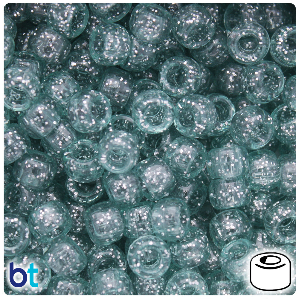 BeadTin Pale Teal Sparkle 9mm Barrel Plastic Pony Beads (500pcs)