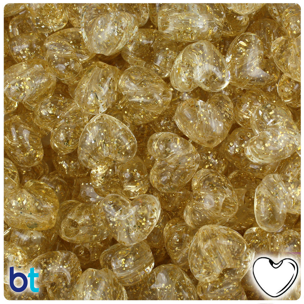 BeadTin Gold Sparkle 12mm Heart (VH) Plastic Pony Beads (250pcs)