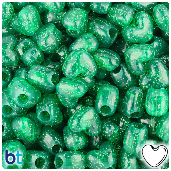 BeadTin Emerald Sparkle 12mm Heart (VH) Plastic Pony Beads (250pcs)