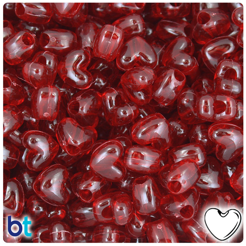 BeadTin Dark Ruby Transparent 12mm Heart (VH) Plastic Pony Beads (250pcs)