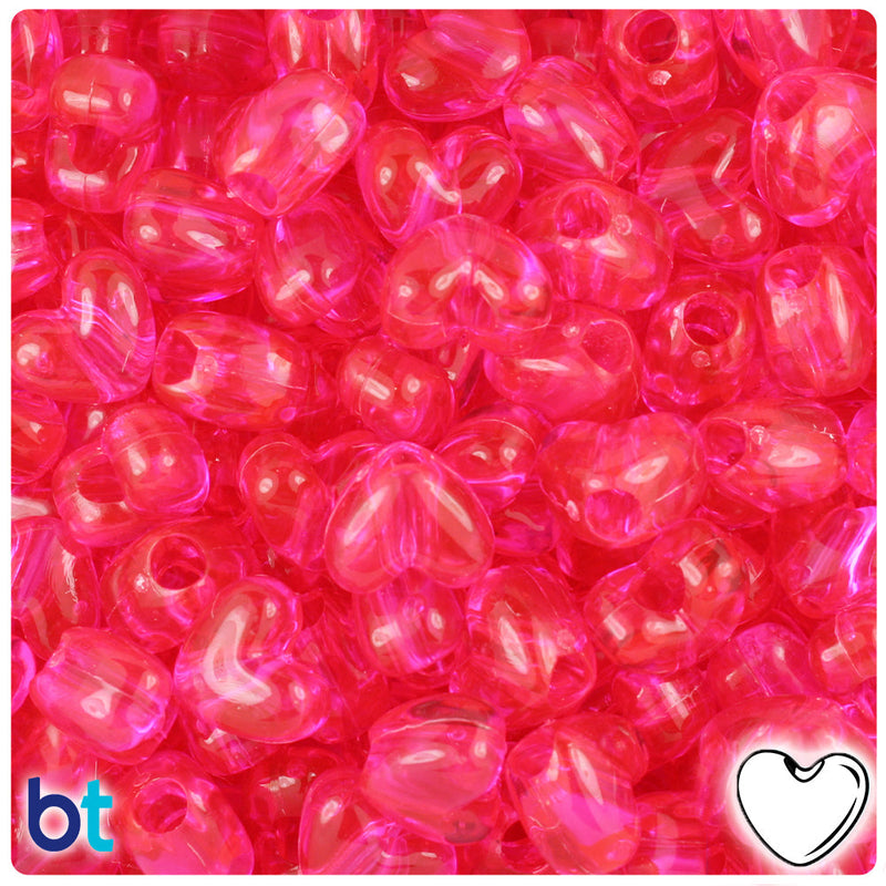 BeadTin Hot Pink Transparent 12mm Heart (VH) Plastic Pony Beads (250pcs)