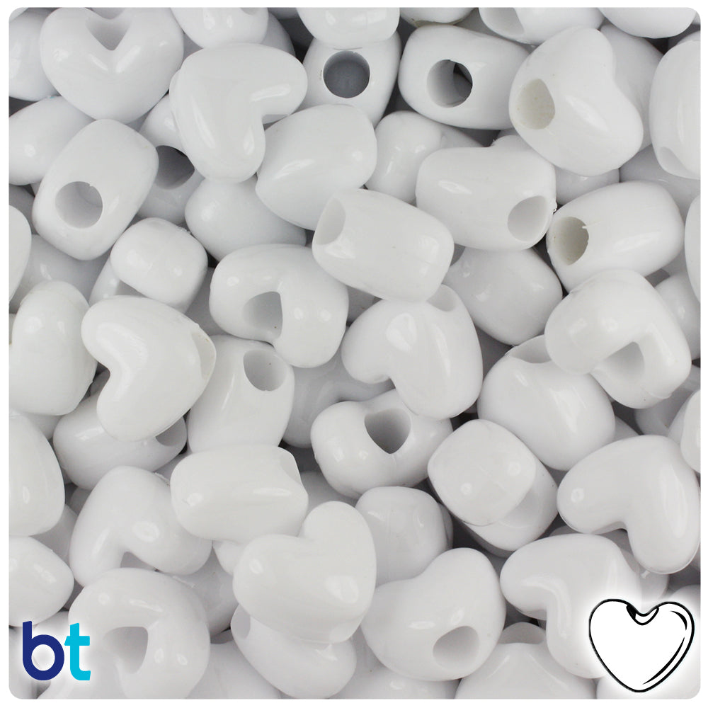 BeadTin White Opaque 12mm Heart (VH) Plastic Pony Beads (250pcs)