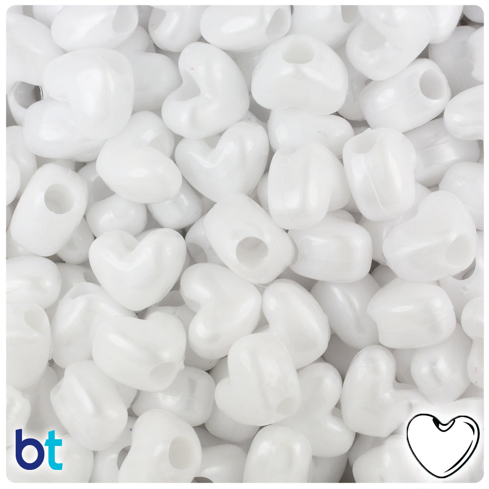 BeadTin White Pearl 12mm Heart (VH) Plastic Pony Beads (250pcs)