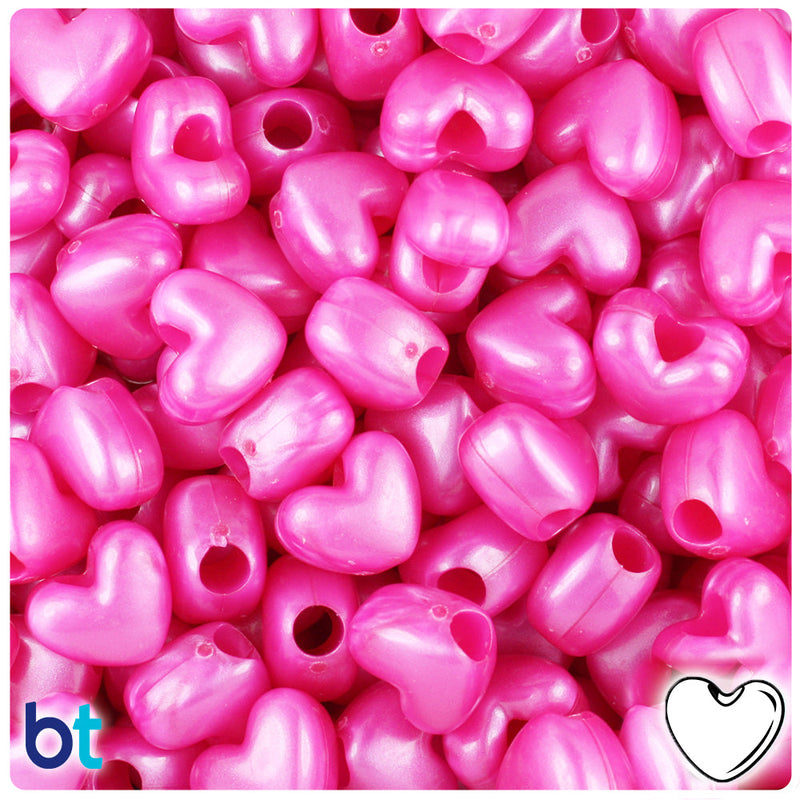 BeadTin Hot Pink Pearl 12mm Heart (VH) Plastic Pony Beads (250pcs)