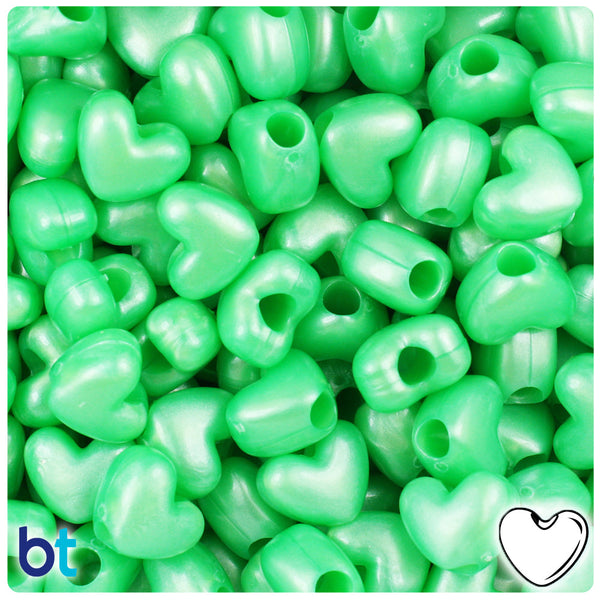 BeadTin Bright Green Pearl 12mm Heart (VH) Plastic Pony Beads (250pcs)