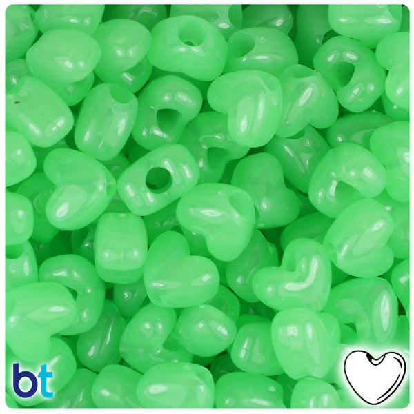 BeadTin Green Glow 12mm Heart (VH) Plastic Pony Beads (250pcs)