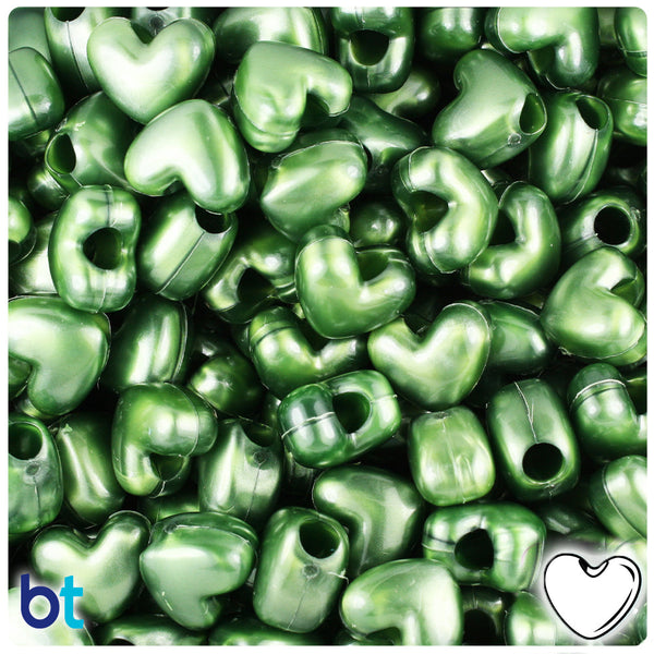 BeadTin Green Luster Pearl 12mm Heart (VH) Plastic Pony Beads (250pcs)