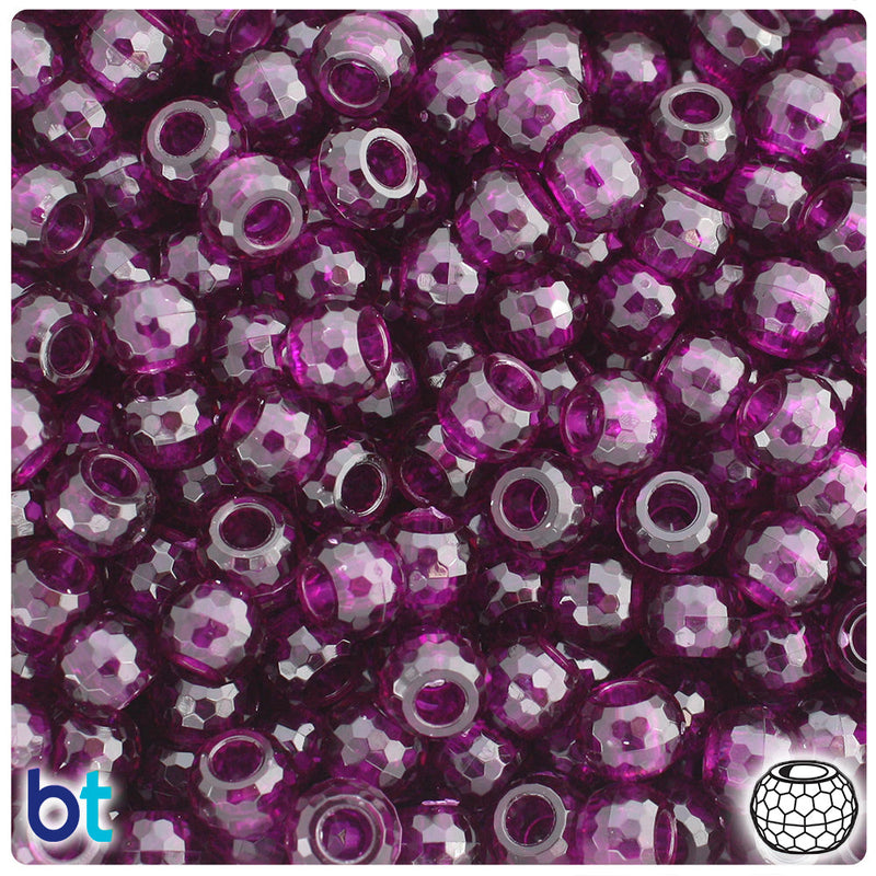 BeadTin Dark Amethyst Transparent 9mm Faceted Barrel Plastic Pony Beads (500pcs)