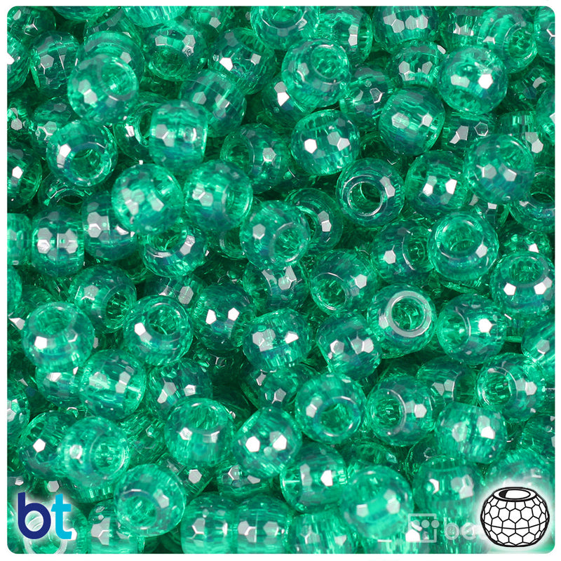 BeadTin Emerald Transparent 9mm Faceted Barrel Plastic Pony Beads (500pcs)