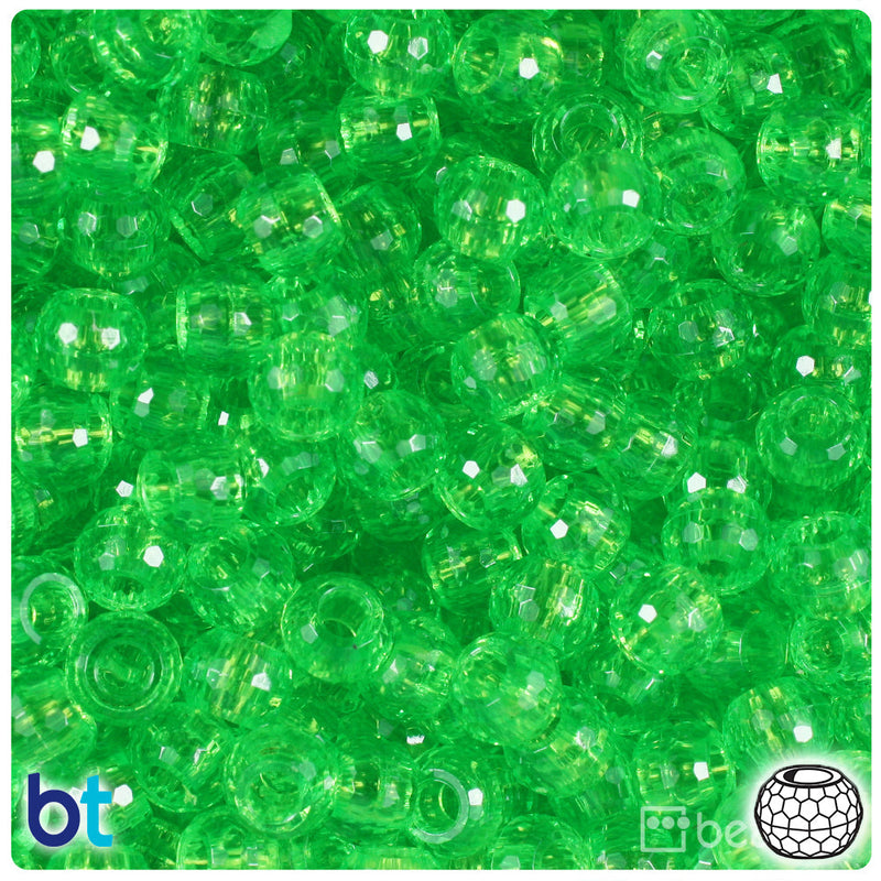 BeadTin Lime Transparent 9mm Faceted Barrel Plastic Pony Beads (500pcs)