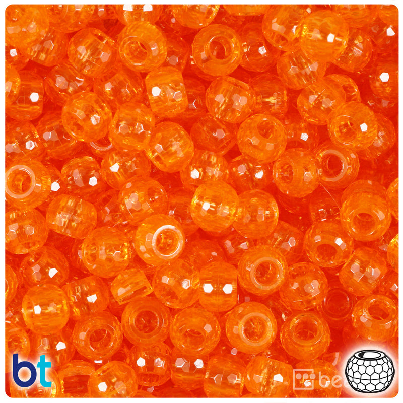 BeadTin Orange Transparent 9mm Faceted Barrel Plastic Pony Beads (500pcs)