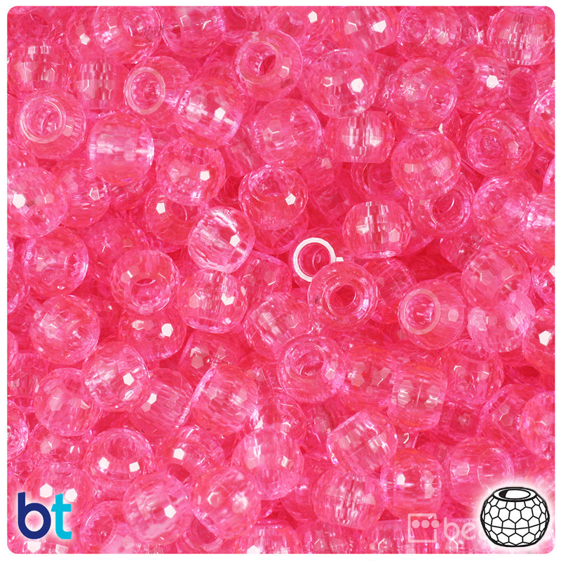 BeadTin Pink Transparent 9mm Faceted Barrel Plastic Pony Beads (500pcs)