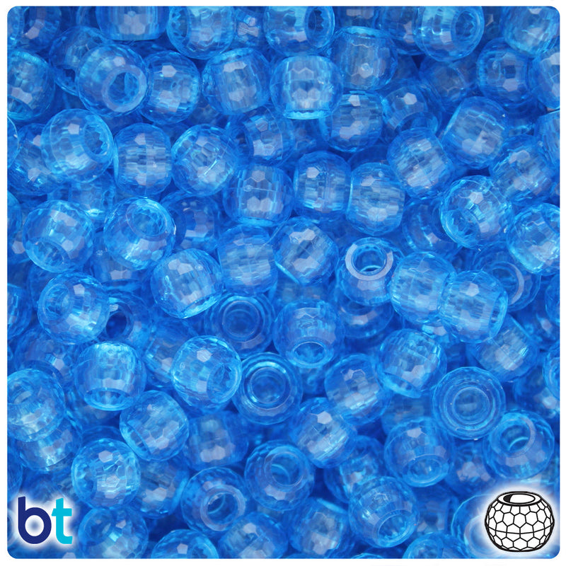 BeadTin Light Sapphire Transparent 9mm Faceted Barrel Plastic Pony Beads (500pcs)