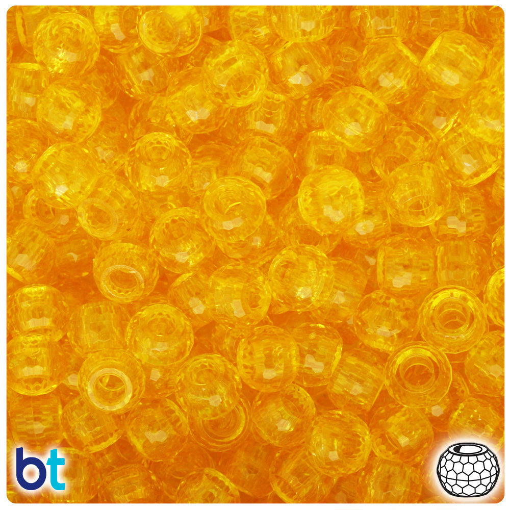 BeadTin Dark Yellow Transparent 9mm Faceted Barrel Plastic Pony Beads (500pcs)