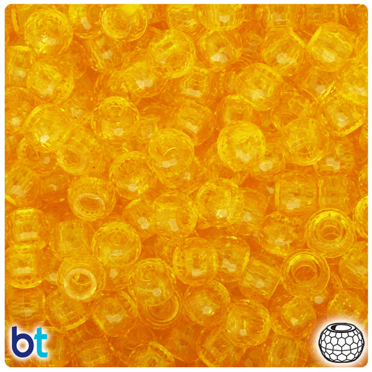 BeadTin Dark Yellow Transparent 9mm Faceted Barrel Plastic Pony Beads (500pcs)