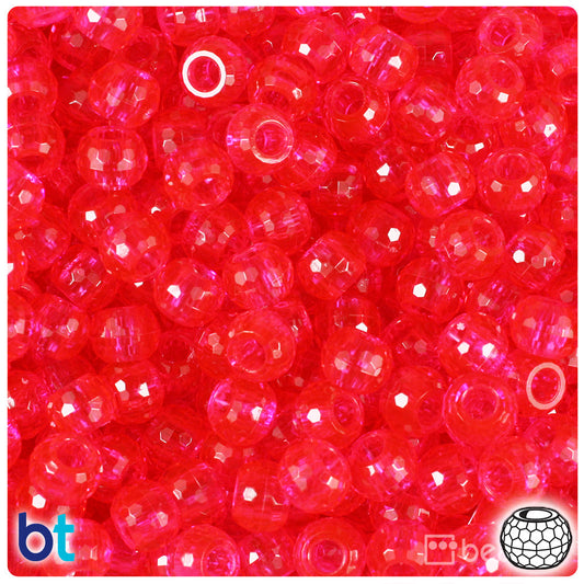 BeadTin Hot Pink Transparent 9mm Faceted Barrel Plastic Pony Beads (500pcs)