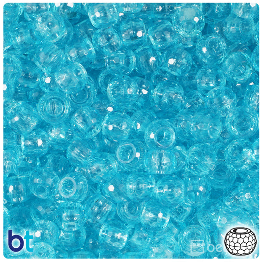 BeadTin Light Turquoise Transparent 9mm Faceted Barrel Plastic Pony Beads (500pcs)