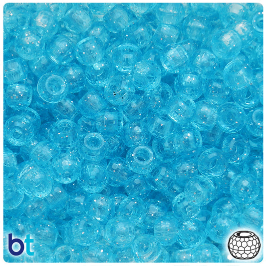 BeadTin Light Turquoise Sparkle 9mm Faceted Barrel Plastic Pony Beads (500pcs)