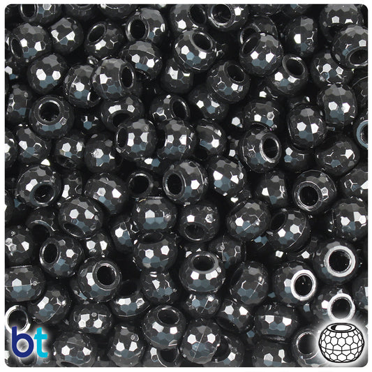 BeadTin Black Opaque 9mm Faceted Barrel Plastic Pony Beads (500pcs)