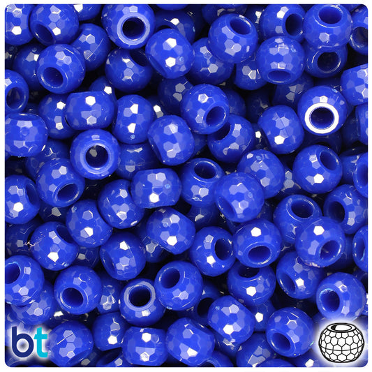 BeadTin Royal Blue Opaque 9mm Faceted Barrel Plastic Pony Beads (500pcs)