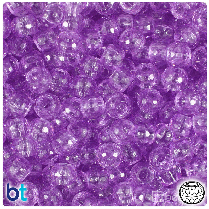 BeadTin Light Amethyst Transparent 9mm Faceted Barrel Plastic Pony Beads (500pcs)