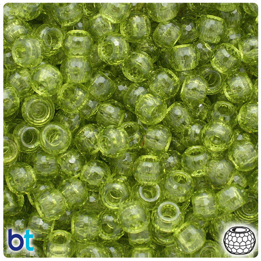 BeadTin Light Avocado Transparent 9mm Faceted Barrel Plastic Pony Beads (500pcs)