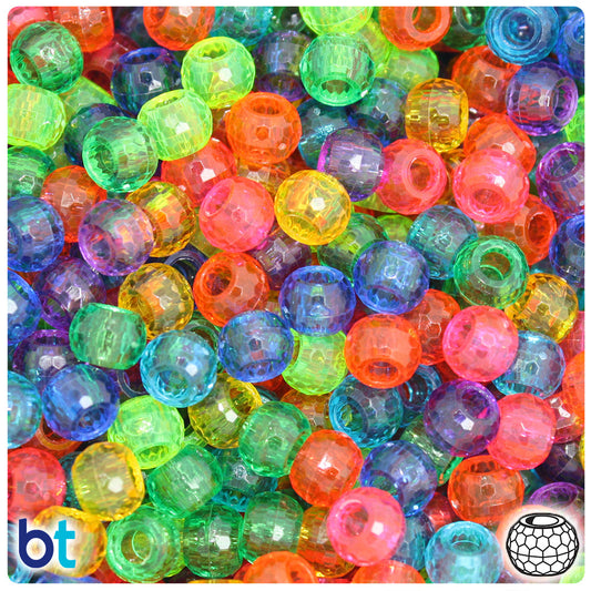 BeadTin Rainbow Mix Transparent 9mm Faceted Barrel Plastic Pony Beads (500pcs)