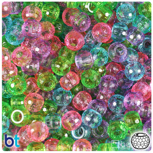 BeadTin Soft Mix Transparent 9mm Faceted Barrel Plastic Pony Beads (500pcs)