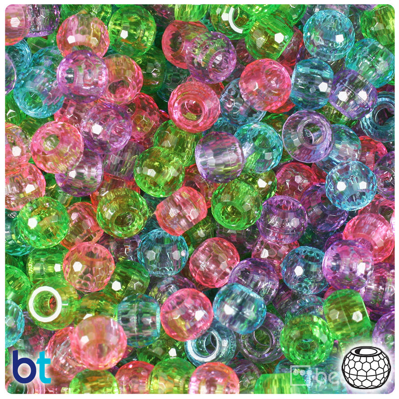 BeadTin Soft Mix Transparent 9mm Faceted Barrel Plastic Pony Beads (500pcs)