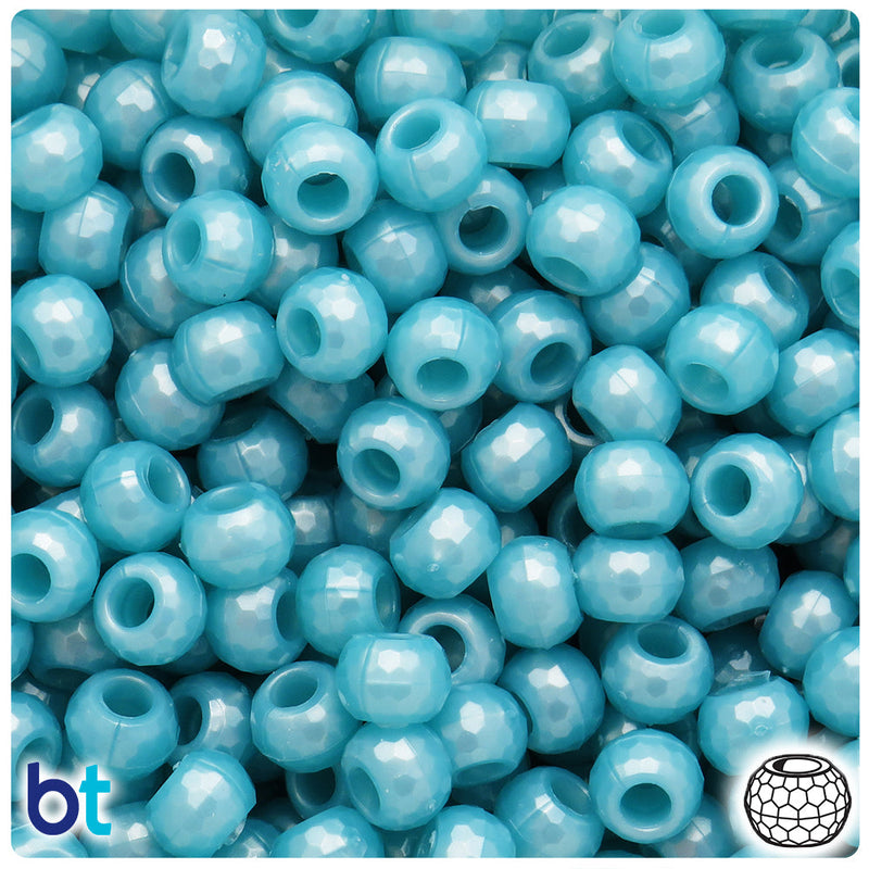 BeadTin Sky Blue Pearl 9mm Faceted Barrel Plastic Pony Beads (500pcs)