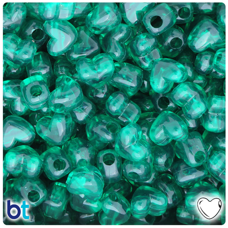 BeadTin Emerald Transparent 12mm Heart (HH) Plastic Pony Beads (250pcs)