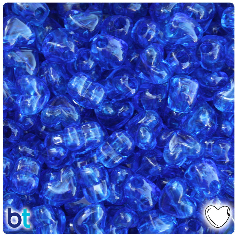 BeadTin Dark Sapphire Transparent 12mm Heart (HH) Plastic Pony Beads (250pcs)
