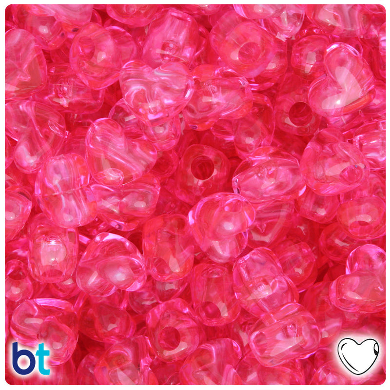 BeadTin Medium Pink Transparent 12mm Heart (HH) Plastic Pony Beads (250pcs)