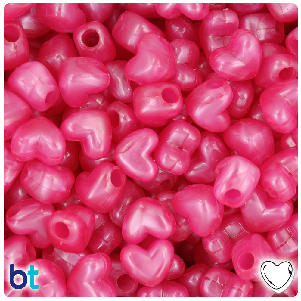 BeadTin Hot Pink Pearl 12mm Heart (HH) Plastic Pony Beads (250pcs)