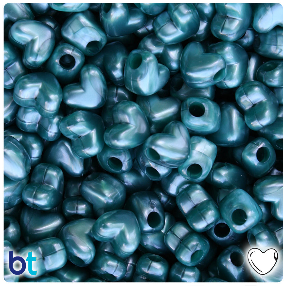 BeadTin Teal Pearl 12mm Heart (HH) Plastic Pony Beads (250pcs)