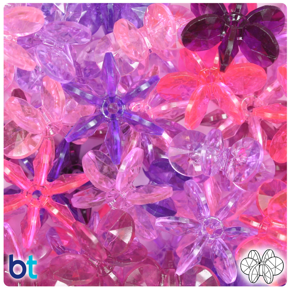 BeadTin Pink & Purple Transparent Mix 25mm SunBurst Plastic Craft Beads (80pcs)