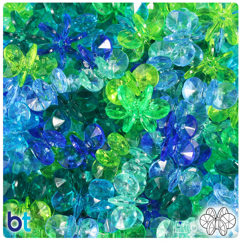 BeadTin Green & Blue Mix Transparent 18mm SunBurst Plastic Craft Beads (135pcs)