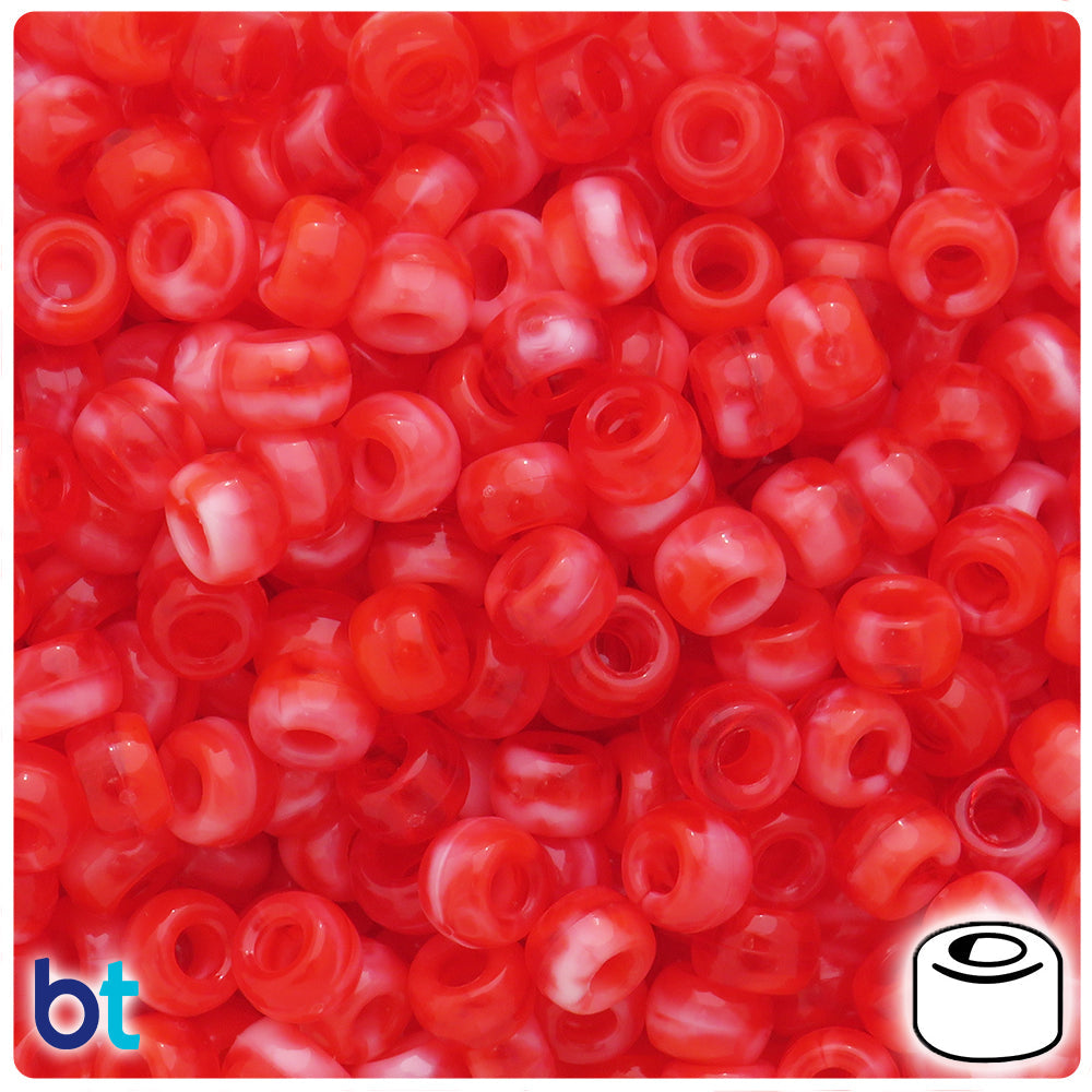 BeadTin Red Marbled 9x6mm Barrel Plastic Pony Beads (300pcs)